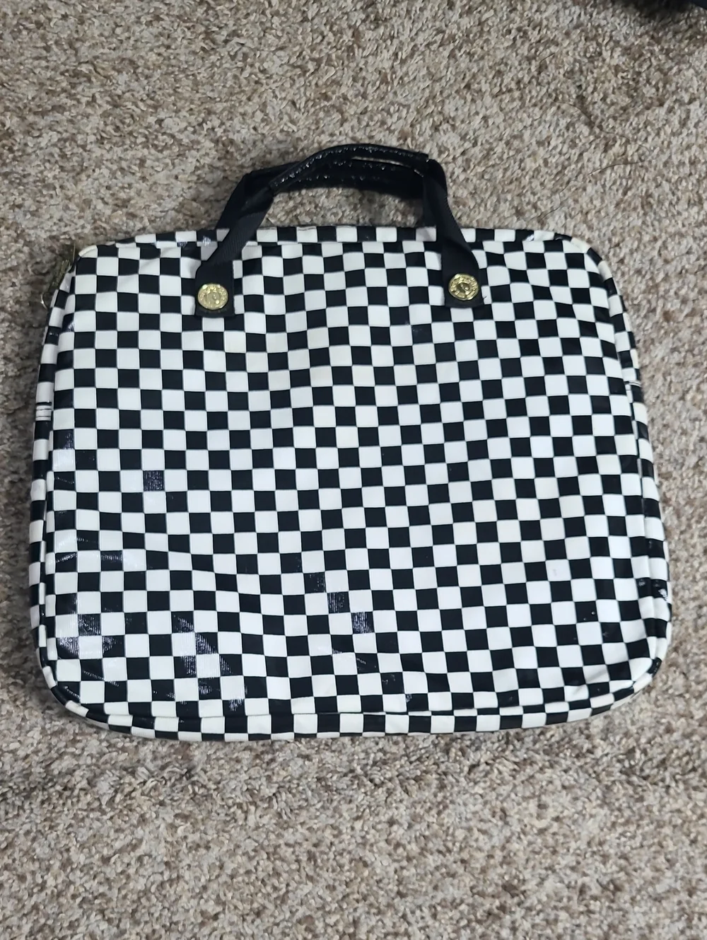 Betsey Johnson Black & White Checkered Laptop Bag with Red Heart Graphic